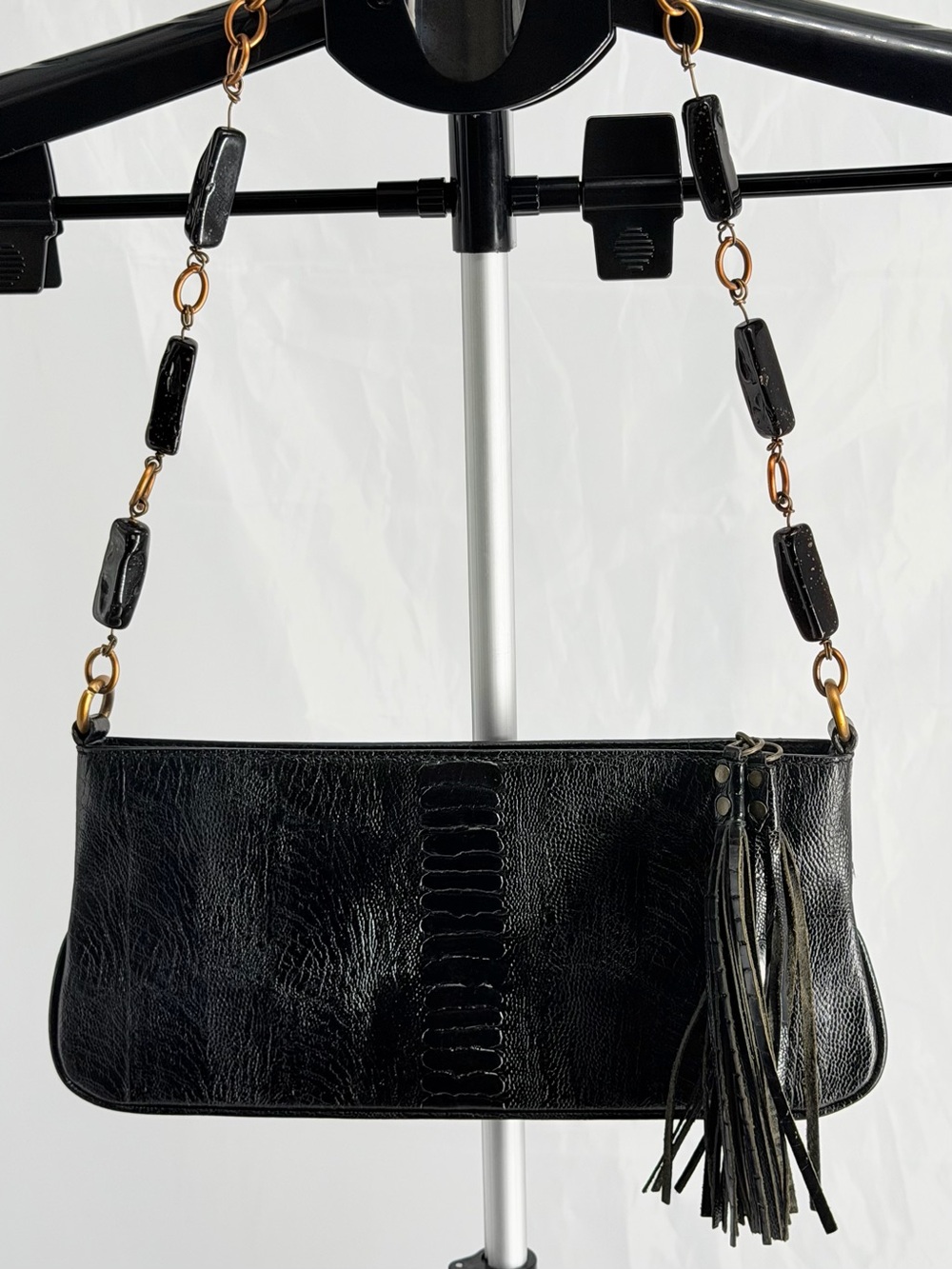 Adrienne VITTADINI Black Leather Eel Vintage Marble Handle Tassel Bag purse